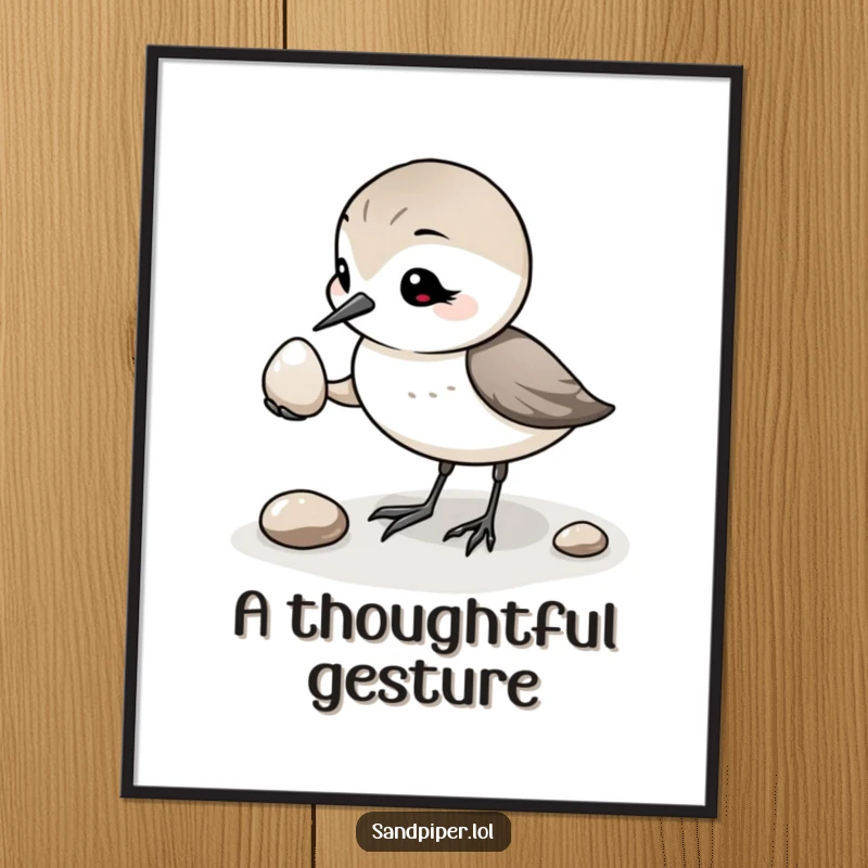 Funny Sandpiper Pebble Poster: A humorous artwork of a sandpiper presenting a pebble, ideal for a funny gift.