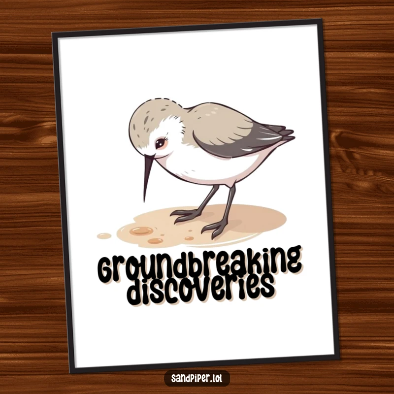 Funny poster depicting a cute sandpiper character pecking at the ground with playful curiosity, embodying a charming inquisitiveness.