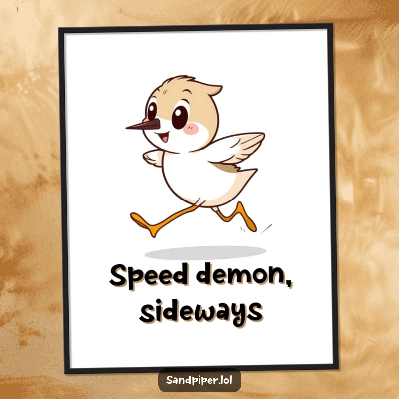 Funny Sandpiper Poster, depicting a cartoon bird running sideways with immense speed and a broad smile, adding humor to any room.