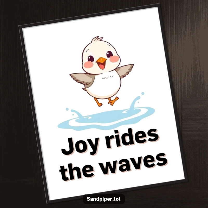 Funny Sandpiper Poster: Artwork depicting a sandpiper joyfully hopping over small ocean waves with an ecstatic expression.