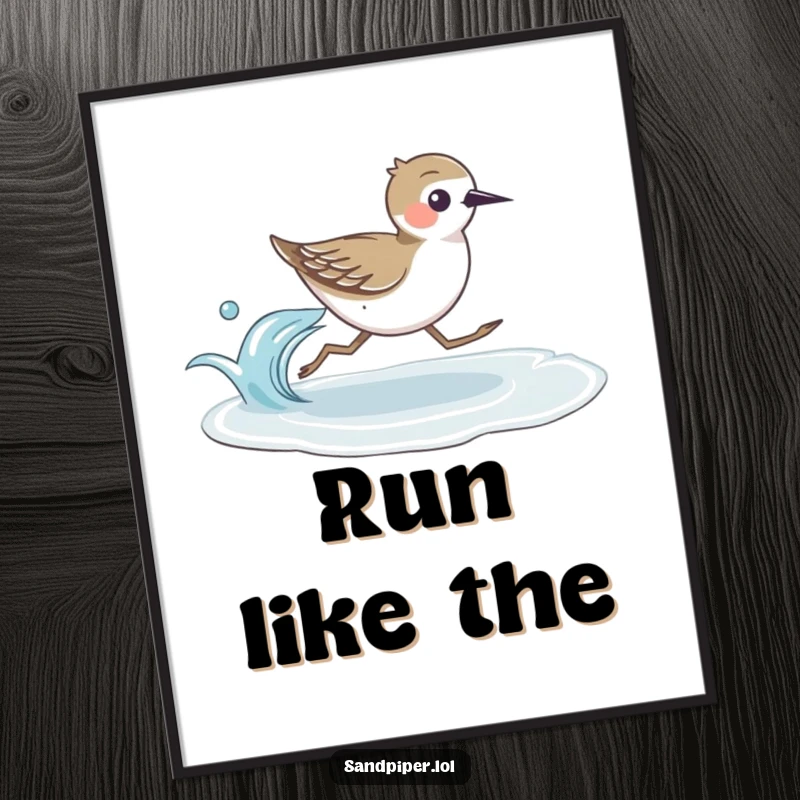 Artistic poster depicting a sandpiper bird running swiftly beside a serene ocean wave, capturing coastal motion.