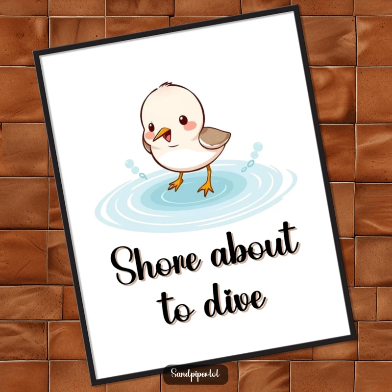 Funny sandpiper poster featuring an adorable bird character merrily splashing in shallow water, bringing a sense of lighthearted fun.