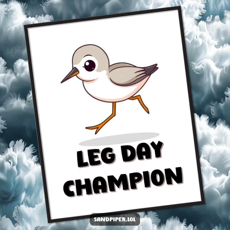 Funny poster depicting a cute sandpiper character with characteristic legs striding quickly, embodying speed and avian grace.
