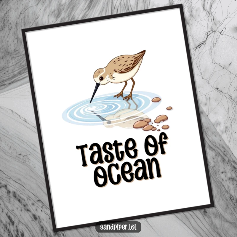 Artistic poster depicting a sandpiper bird dipping its long beak into a shimmering tidal pool, capturing coastal peace.