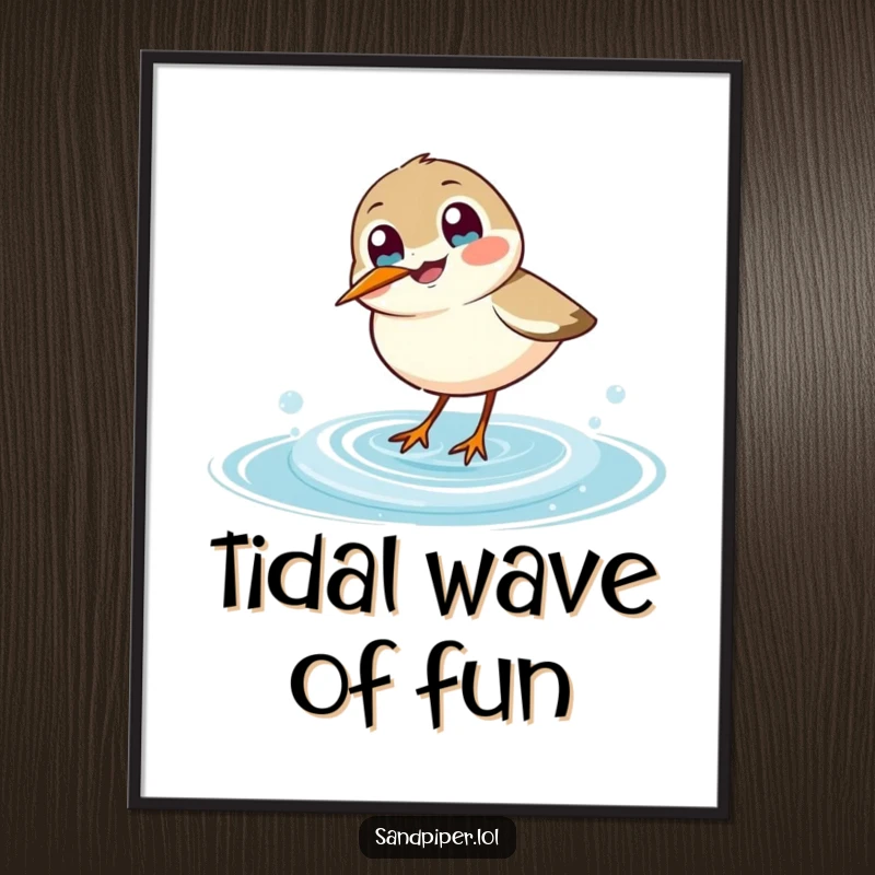 Funny sandpiper poster, wide-eyed bird happily dipping beak into a wave, vintage coastal art, humorous decor.