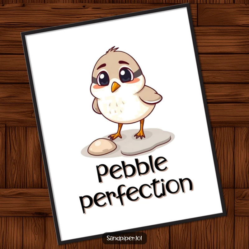 Funny sandpiper poster, surprised bird with raised eyebrows pecking at a shiny pebble, whimsical coastal art.