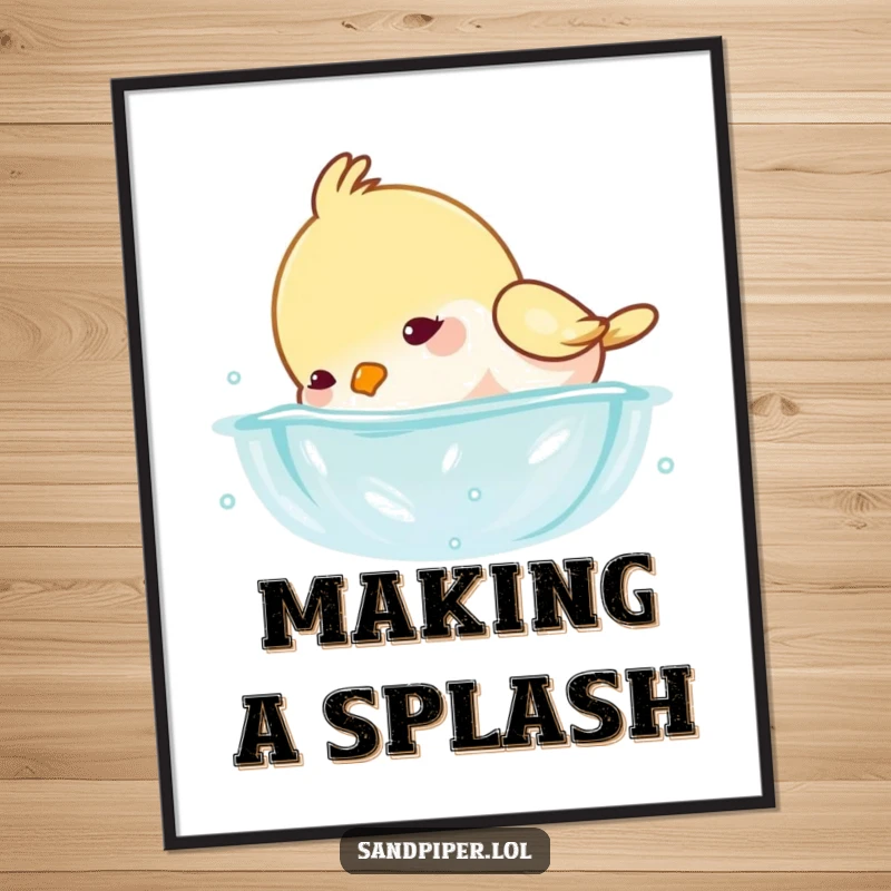 Funny poster featuring a bird diving its head underwater with light, playful splashes, conveying a sense of fun.