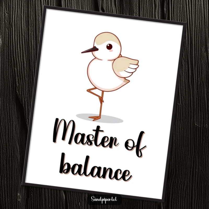 Funny Sandpiper Poster: Artwork of a sandpiper standing perfectly on one leg with wings tucked, symbolizing balance and tranquility.