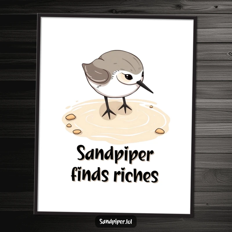 Funny sandpiper art print, happy bird digging beak in wet sand, humorous wall decor, beach theme, gift for art lovers.