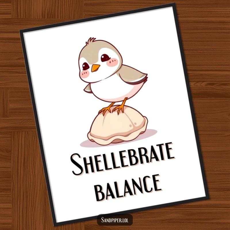 Funny sandpiper poster, giggling bird with rosy cheeks balancing on a seashell, whimsical coastal art, humorous decor.