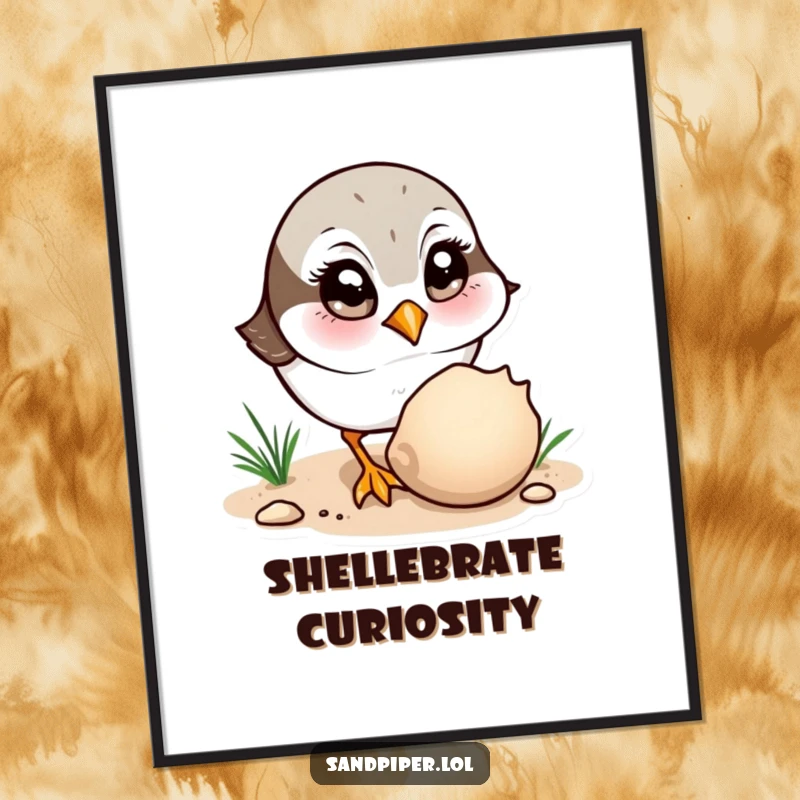 Funny Poster: A sandpiper with wide eyes curiously observes a seashell, depicting a moment of wonder.