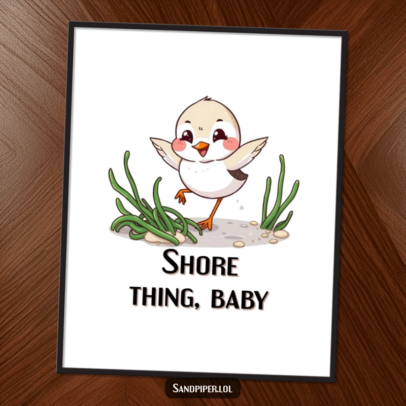 Funny Poster: Playful sandpiper with mischievous grin winks while darting around seaweed, creating beachy decor.