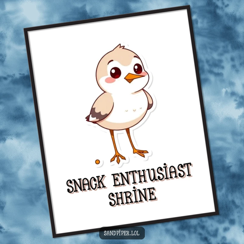 Funny sandpiper poster, cheerful bird with curious expression beaming while looking for snacks, whimsical foodie art.