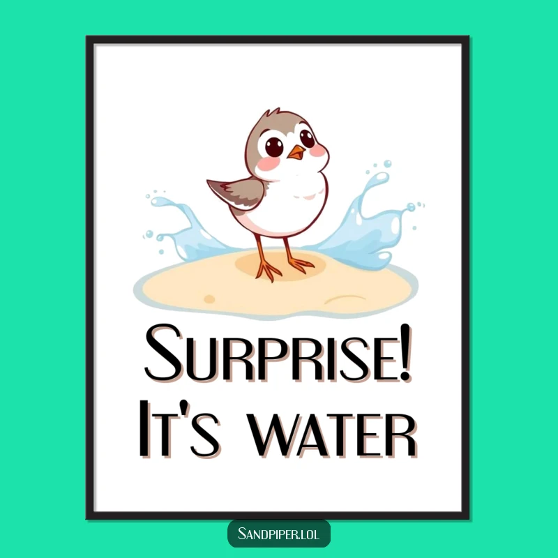 Funny Sandpiper Art Print - Surprised by Wave Splash, Humorous Wall Decor