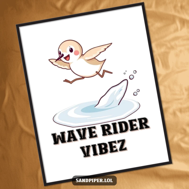 Funny Sandpiper Leap Poster: A sandpiper joyfully leaps over a small wave, capturing dynamic beach movement in art.