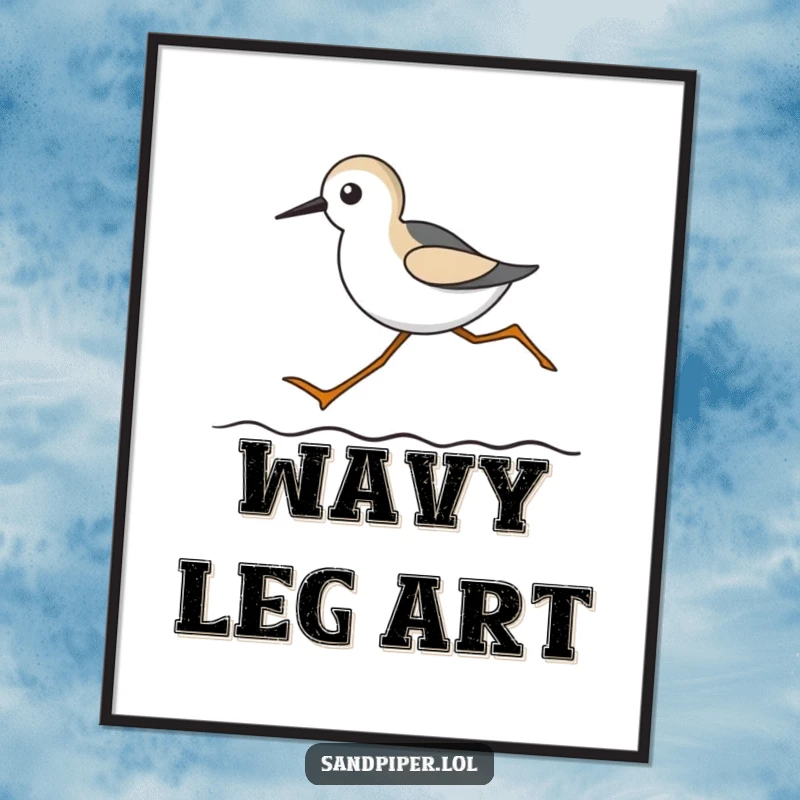 Funny poster of a sandpiper with comically long legs running with speed across a wavy abstract line.