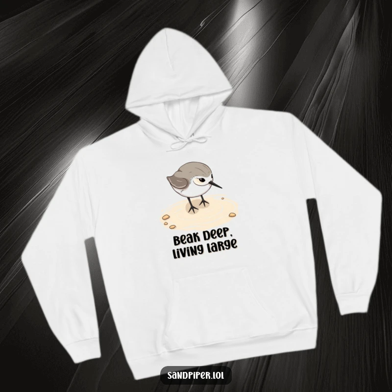 Funny sandpiper hoodie, cozy beach bird sweatshirt, happy digging action, humorous outerwear, unique gift for bird lovers.