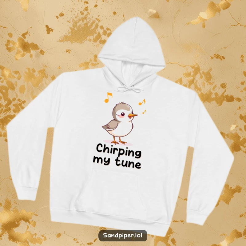 Funny hoodie showcasing a sandpiper character with its cheerful chirp artistically represented by flowing musical notes.
