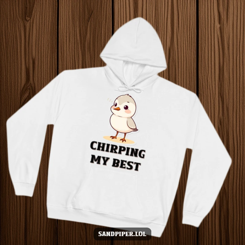 Funny sandpiper hoodie showing a cute bird character making a cheerful chirp, with visible sound waves adding visual flair.