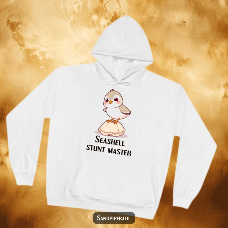 Funny sandpiper hoodie, cozy bird giggling and balancing on a seashell, warm and humorous apparel.
