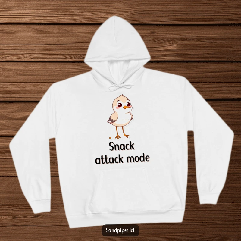 Funny sandpiper hoodie, cozy bird cheerfully looking for snacks, warm and humorous apparel.