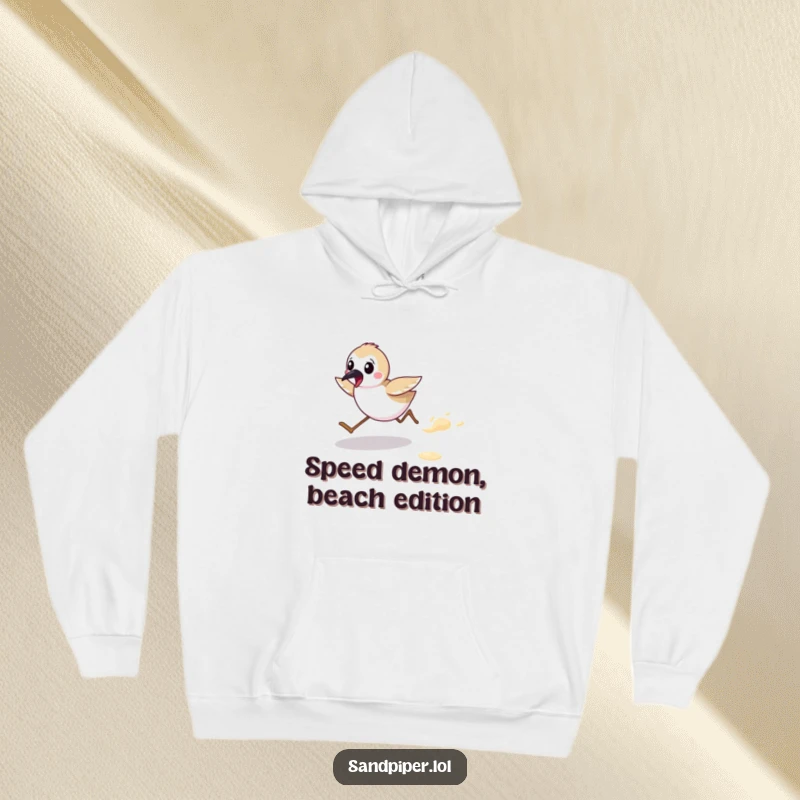 Funny hoodie with a cute sandpiper character in a joyful, energetic run along a sandy shoreline. A wonderful funny gift.