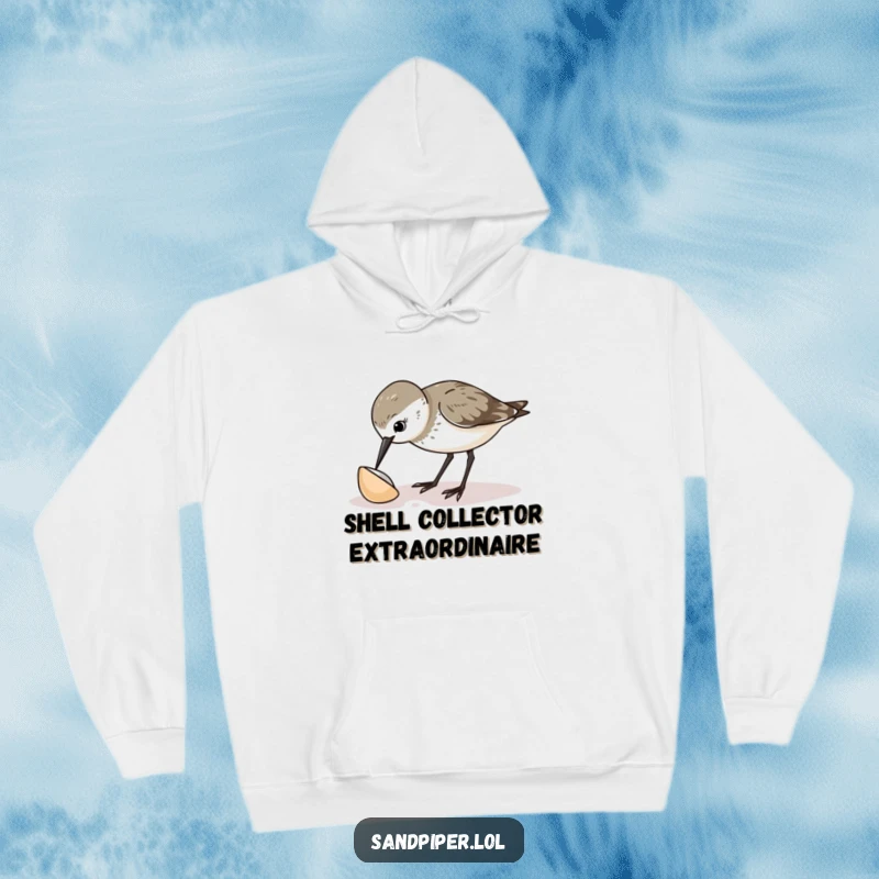 Funny sandpiper hoodie featuring a curious bird pecking at a shell, capturing its inquisitive and charming personality for cozy wear.