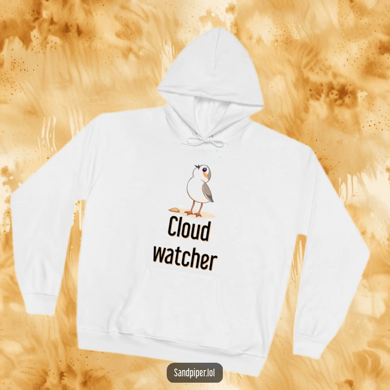 Funny Sandpiper Hoodie: A delightful bird in a cozy hoodie, gazing upwards in comical, awe-inspired wonder.