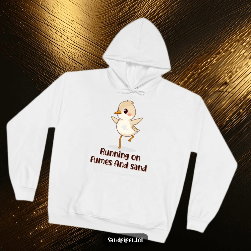Funny sandpiper hoodie depicting a bird in mid-hop, exuding confidence and a cheerful, determined stride.
