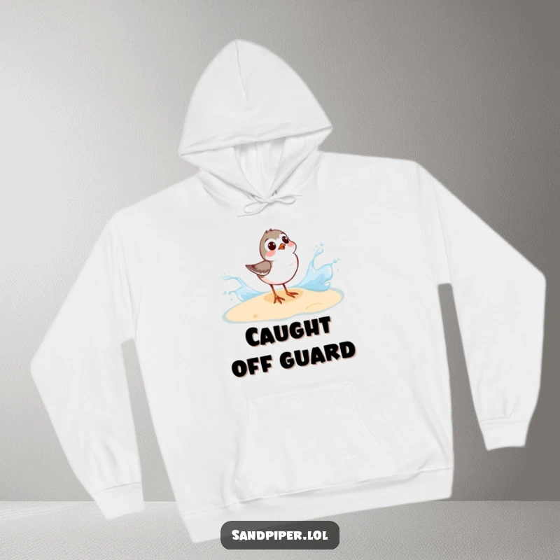 Funny Sandpiper Hoodie: A sandpiper looks surprised by a wave splash, offering warmth and seaside humor.