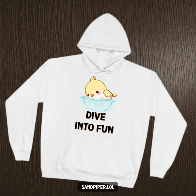 Funny hoodie showing a happy bird playfully submerging its head underwater, with tiny, cheerful water splashes around it.