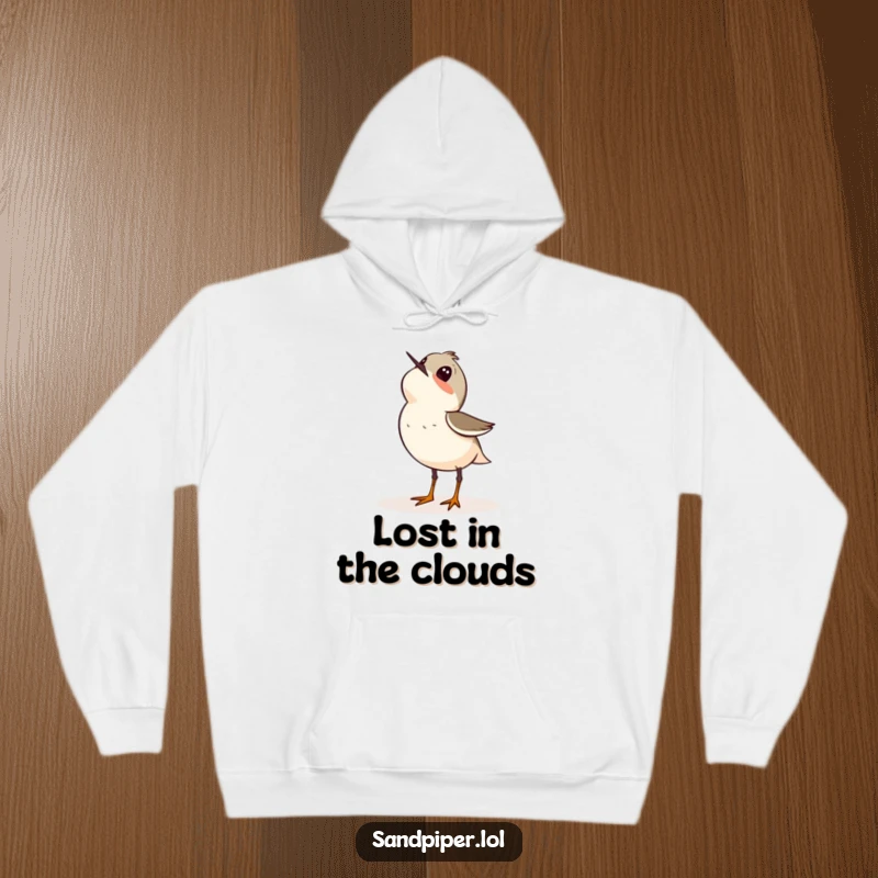 Funny hoodie depicting a sandpiper bird looking up at the sky, perfect for cozy days filled with wonder.