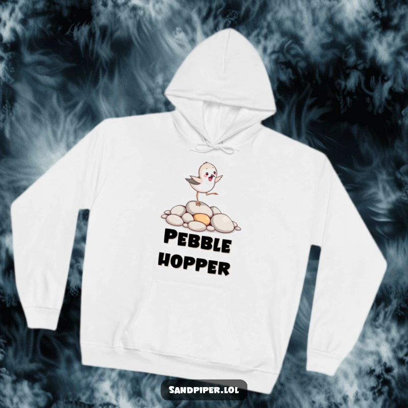 Funny sandpiper bird hoodie, hopping excitedly over smooth pebbles, cozy, warm, perfect funny gift.
