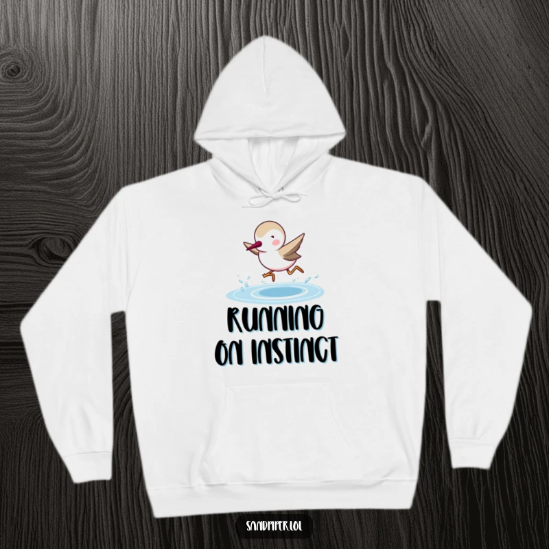 Funny Sandpiper Hoodie: A sandpiper character dashes with all its might towards the water, showcasing determination and humor.