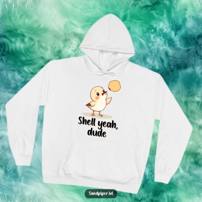 Funny Hoodie: A cute sandpiper looks utterly surprised by a seashell that has mysteriously floated up to meet it, a cozy design.
