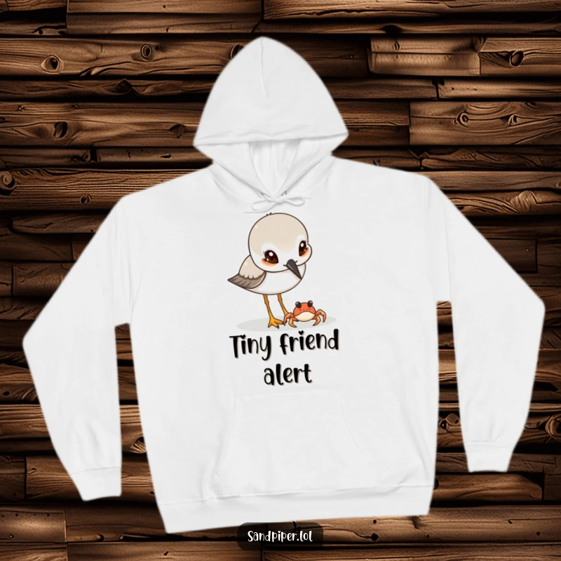 Funny Sandpiper & Crab Hoodie: A sandpiper curiously watches a tiny crab, depicted on a cozy hoodie for beach lovers.