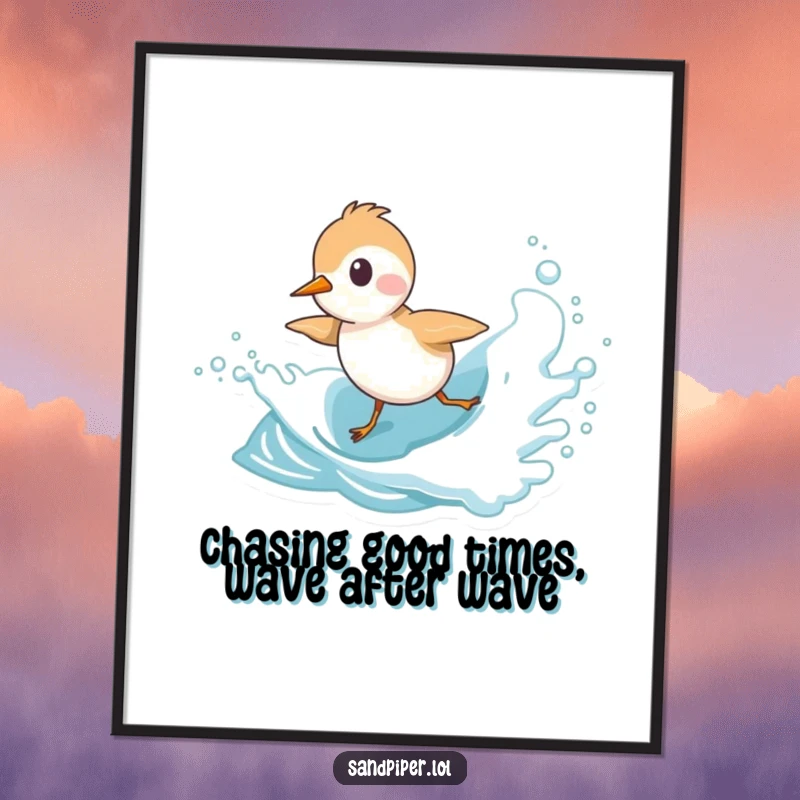 Funny Free Printable Wall Art: Energetic sandpiper joyfully pursuing an ocean wave, creating a whimsical and amusing beach scene.