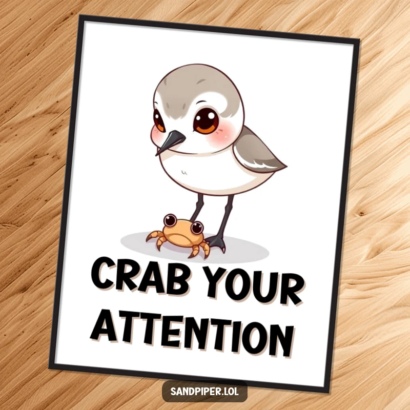 Funny Free Printable Sandpiper Wall Art: A sandpiper with wide, curious eyes observing a tiny crab on the beach.