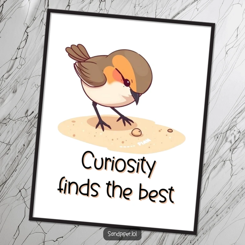 Engaging Free Printable Wall Art of a curious bird intently pecking at something small on the sandy beach.