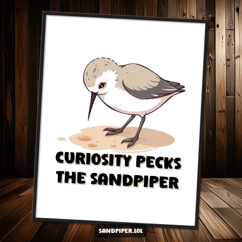 Funny free printable wall art: A sandpiper character pecks inquisitively at the ground, creating a charming and humorous scene.
