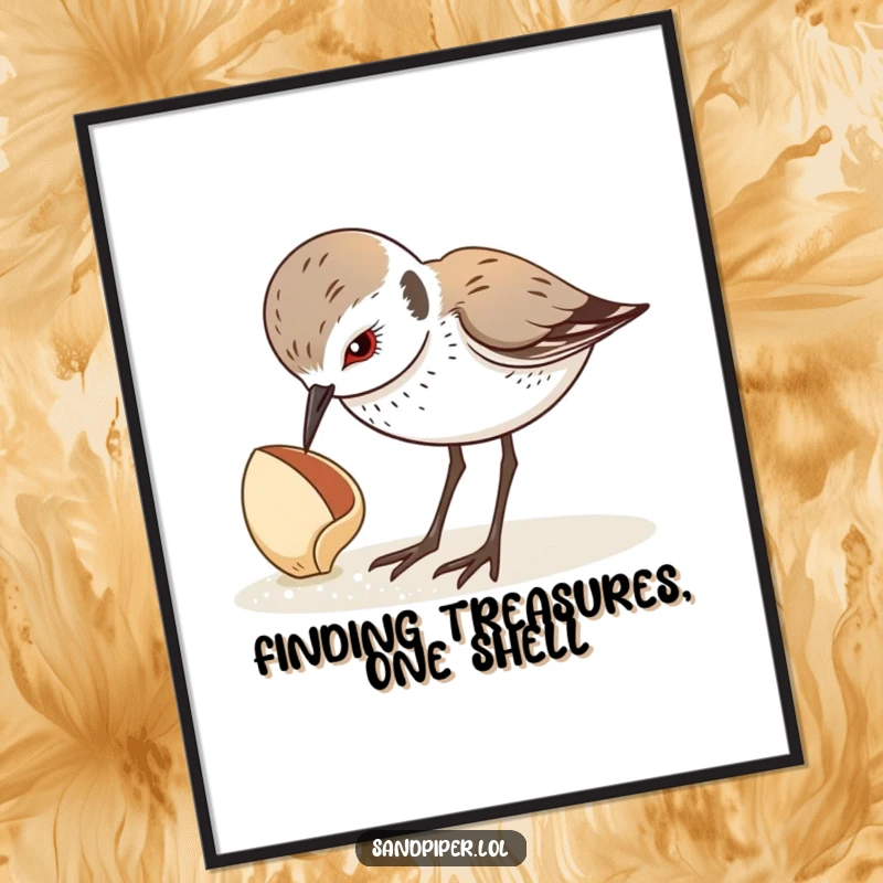 Funny Free Printable Wall Art: Adorable sandpiper looking down with great curiosity at a detailed seashell resting on the sand.
