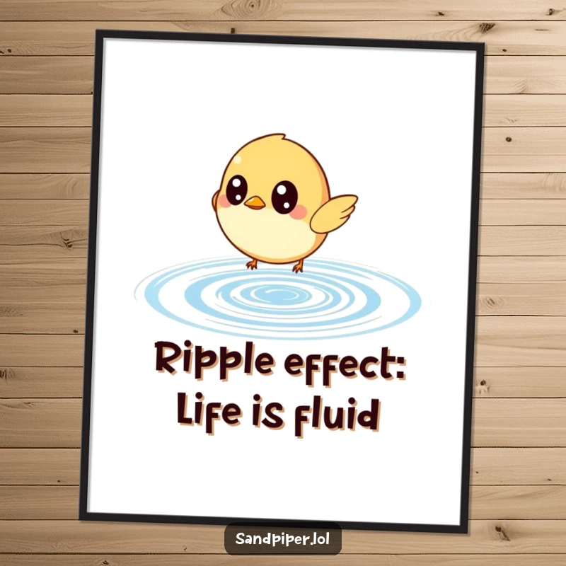 Funny free printable wall art: a wide-eyed bird humorously chases a bouncing ripple, creating whimsical and laughter-inducing decor.