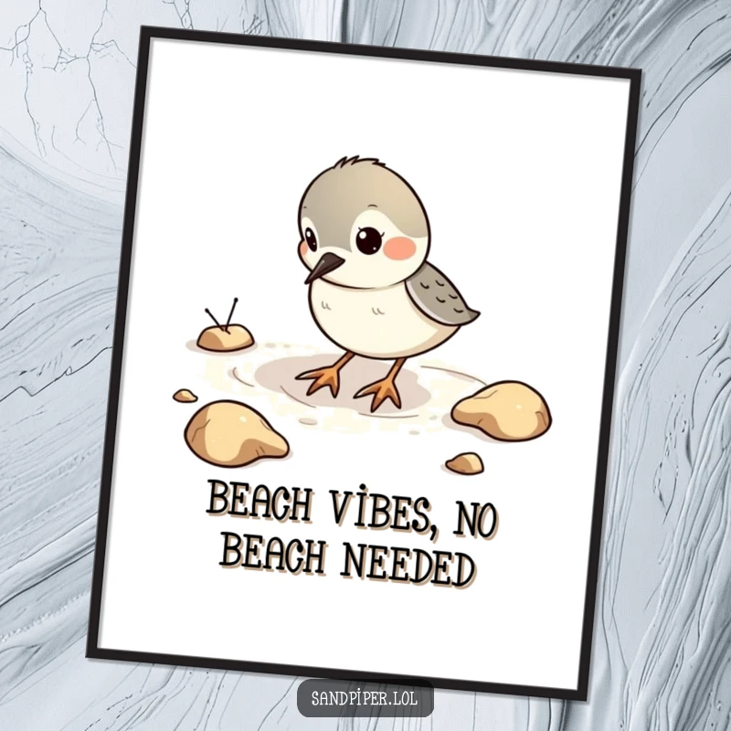 Funny Free Printable Wall Art of a sandpiper character engaged in playful digging motions in imaginary sand.
