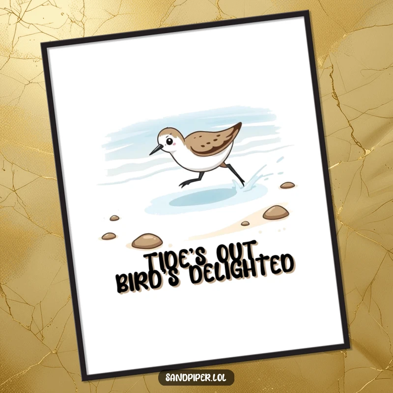 Funny Free Printable wall art showing a sandpiper playfully chasing the retreating tide, capturing a moment of seaside fun.