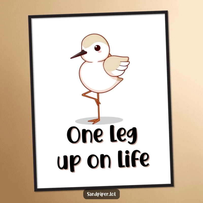 Funny Free Printable Sandpiper Wall Art: A sandpiper stands humorously balanced on one leg, wings tucked neatly.