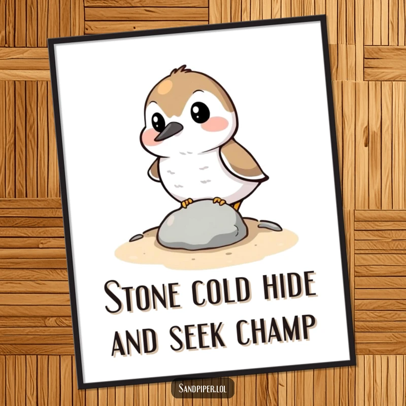 Funny Free Printable Wall Art: A sandpiper comically tries to conceal itself behind a small stone, with humorous effect.