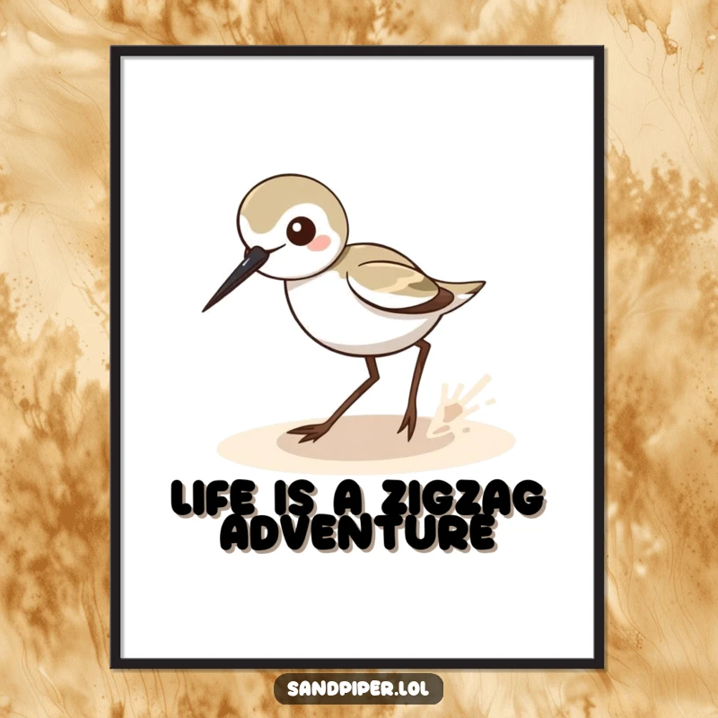 Funny Free Printable Wall Art: Chaotic sandpiper performing its signature zigzag dance, a humorous and energetic piece of downloadable art.