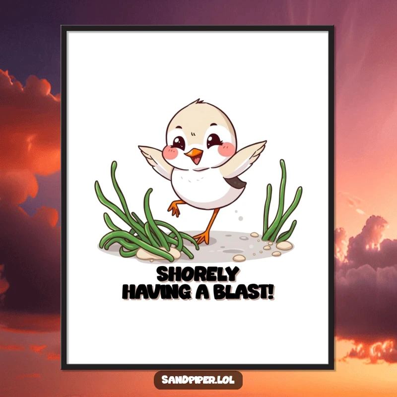 Funny free printable wall art of a playful sandpiper winking mischievously while darting around seaweed, adding a humorous seaside vibe.