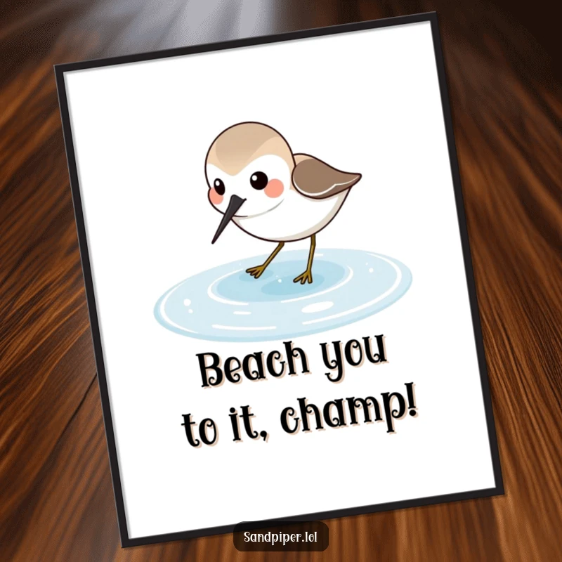 Free Printable Wall Art: Sandpiper character joyfully probing in shallow water, evoking beach tranquility.
