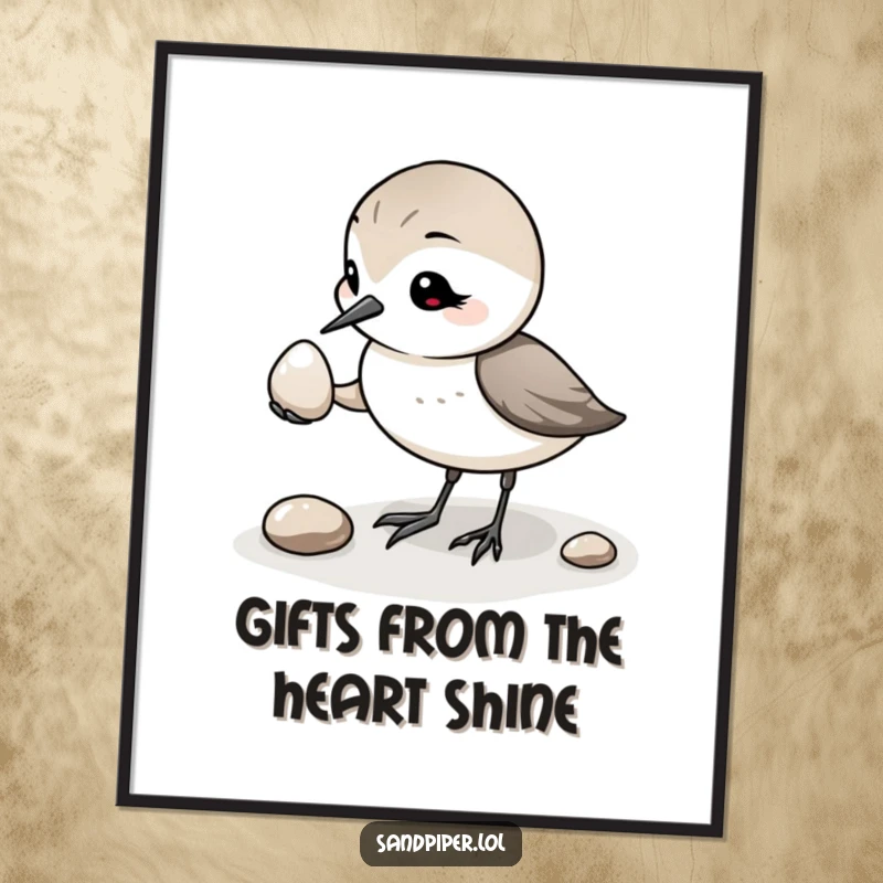 Funny Free Printable Wall Art: A sandpiper presenting a single shiny pebble with a gentle, heartwarming gesture. A piece of unique downloadable decor.